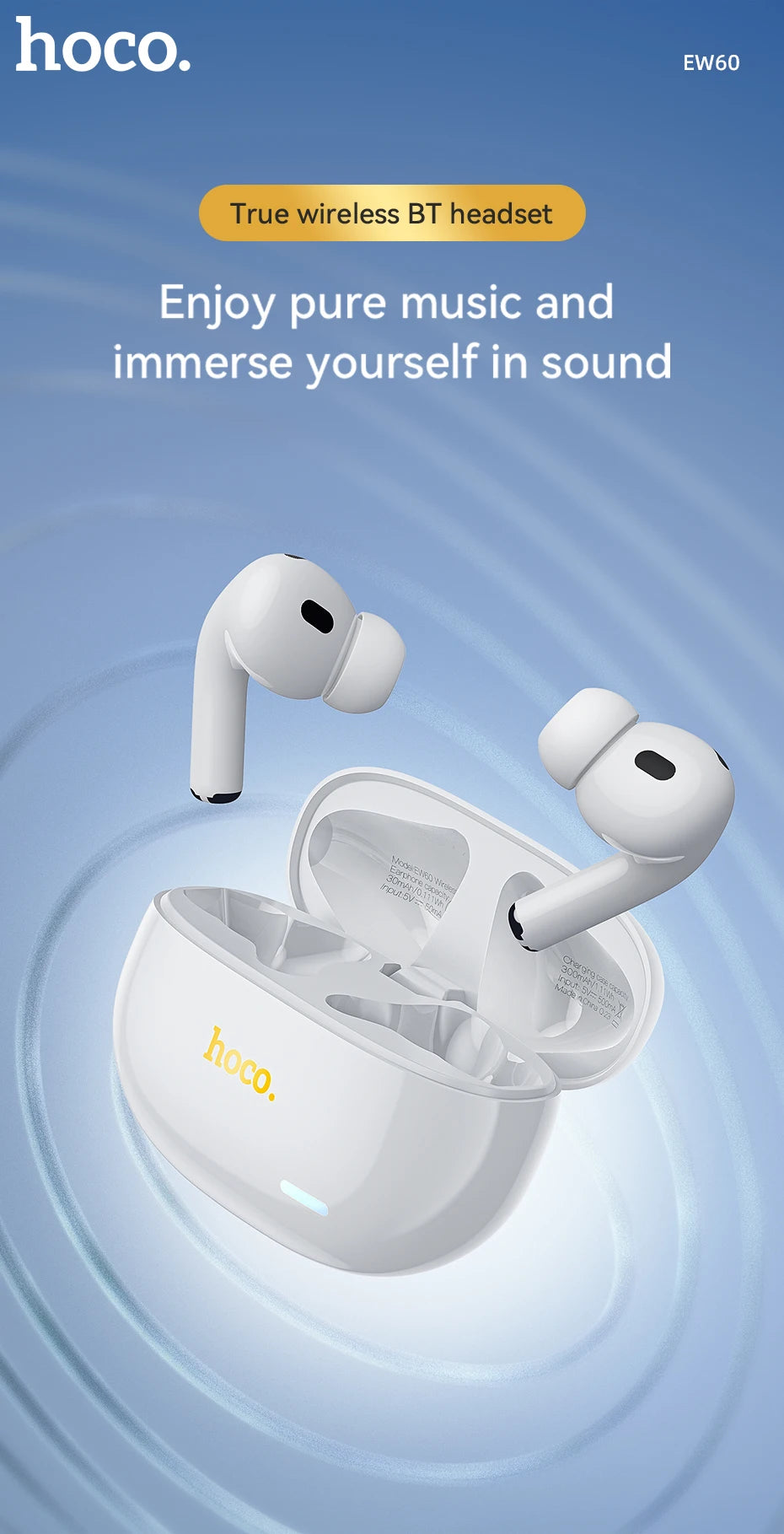 HOCO EW60 Wireless Bluetooth Headphones Tws Waterproof Earbuds Earphones HD Mic with touch Control Earbuds For Smartphones