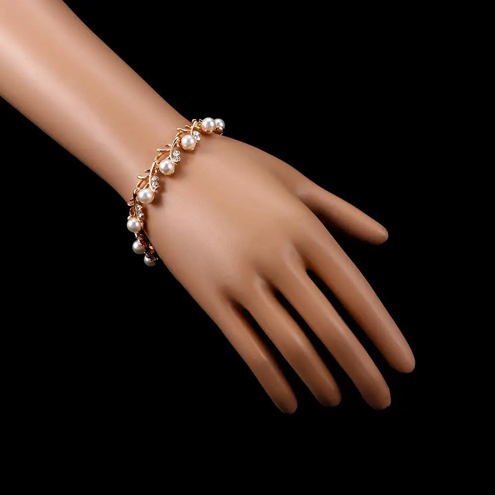 Day Gift Bridal Leaf Clavicle Chain Rhinestone Collar Choker Crystal Necklace Earrings Bracelet Set Wedding Jewelry Pearl