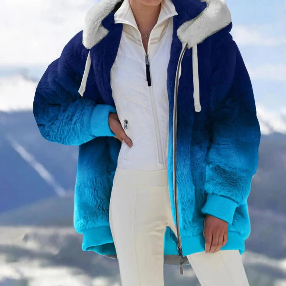 Women Winter Coat Solid Color Long Sleeves Zipper Cardigan Loose Warm Furry Plush Plus Size Lady Coat Winter Clothes