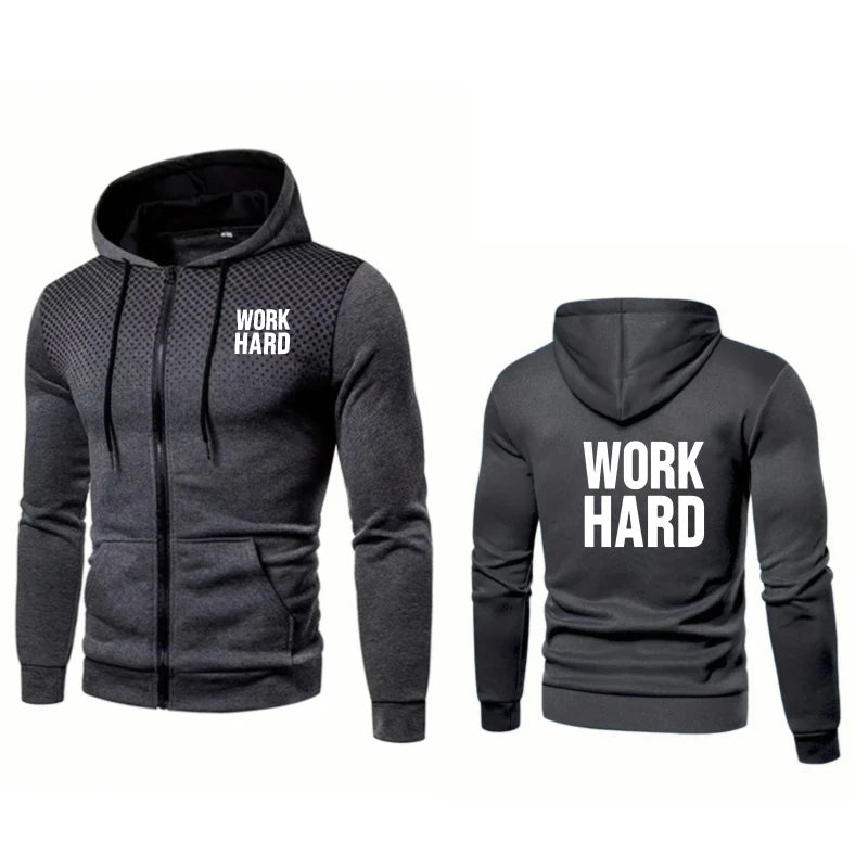 Men's Hooded Jacket Blue Work Hard Printed Text Gym Fitness Sport Casual Wear