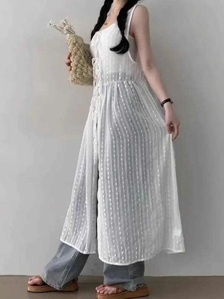 Embroidered Dress for Women in Summer Thin Lace up Layered Vest Long Cover Skirt