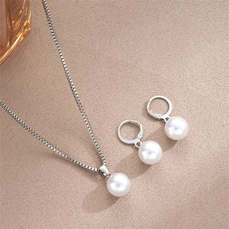 Fashion Elegant Imitation Pearl Jewelry Set for Women Exquisite Pendant Necklace Earrings Bridal Wedding Party Unique Gifts