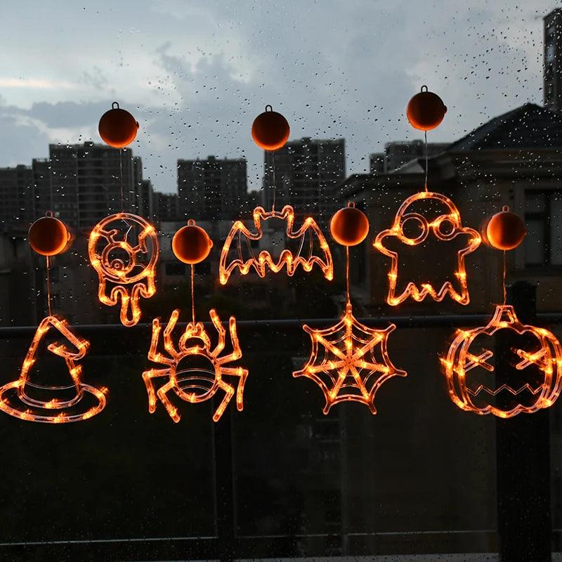 Halloween Orange Window Light Orange Pumpkin Ghost Witch Hat Design LED Sucker Lamp Bar Home Party Hanging Decor Without Battery