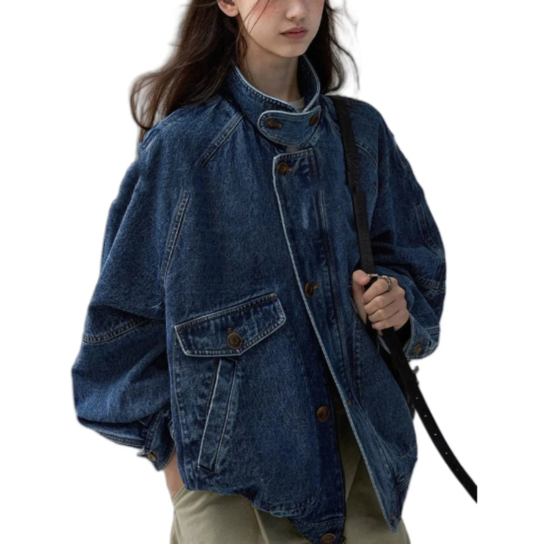 Women Denim Jacket 2025 Autumn New American Retro Blue Denim Jacket For Women Unique Design Catching Work Wear Style