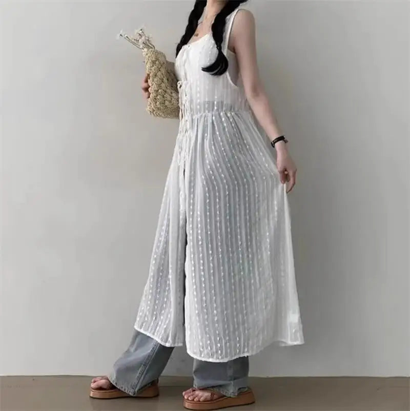 Embroidered Dress for Women in Summer Thin Lace up Layered Vest Long Cover Skirt