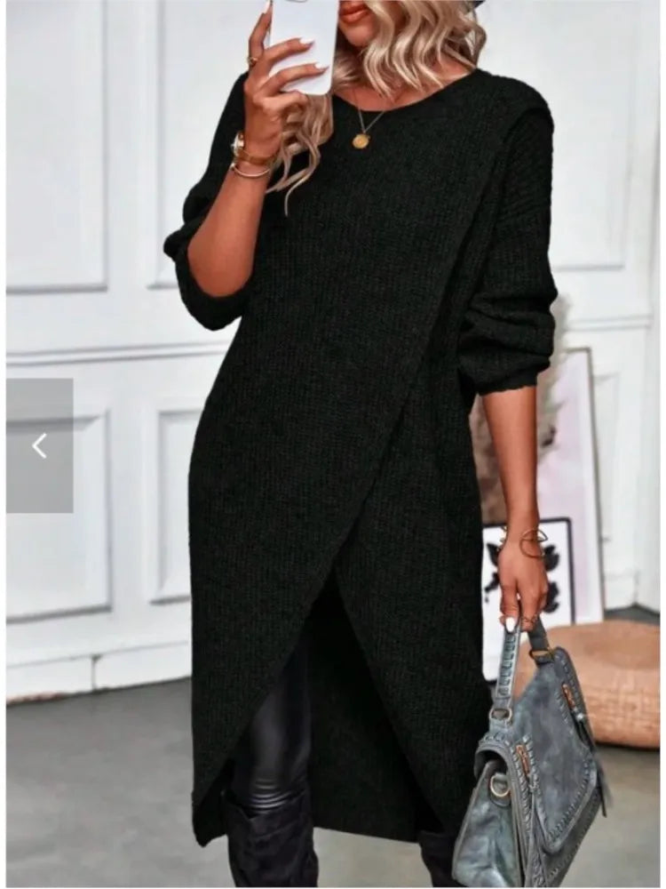 Womens Long Knitted Sweater Dress 2025 Autumn Winter Warm Fur Jumpers Casual Solid Loose Knit Midi Dress Lady Work Pullovers