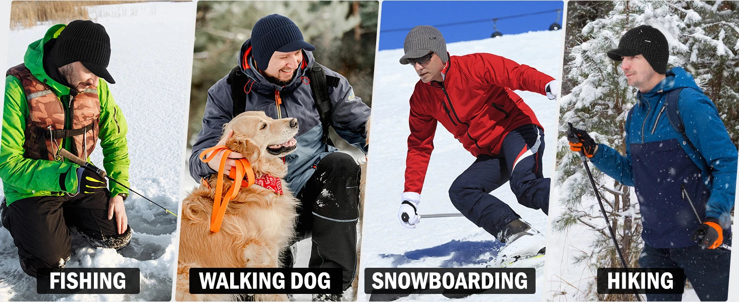 Winter Beanie with Brim and Ear Flaps, Outdoor Warm Fleece Lined Knit Hat Stocking Caps for Men Women bucket hat  winter hat