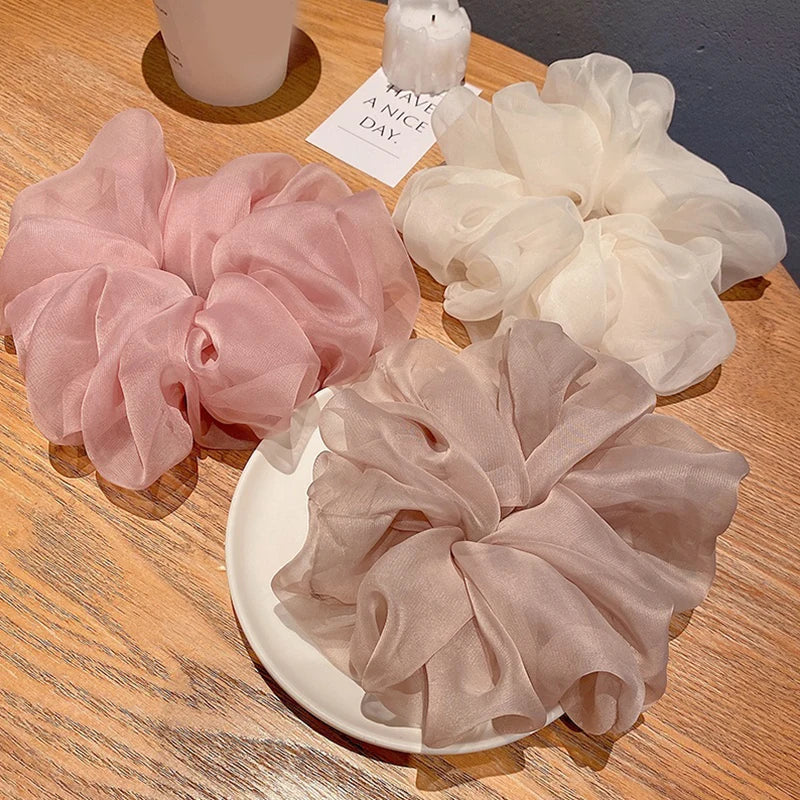 New Woman Large Solid Color Chiffon Scrunchies Elegant Women Mesh Rubber Band Black Beige Pink Ponytail Holders Hair Accessories