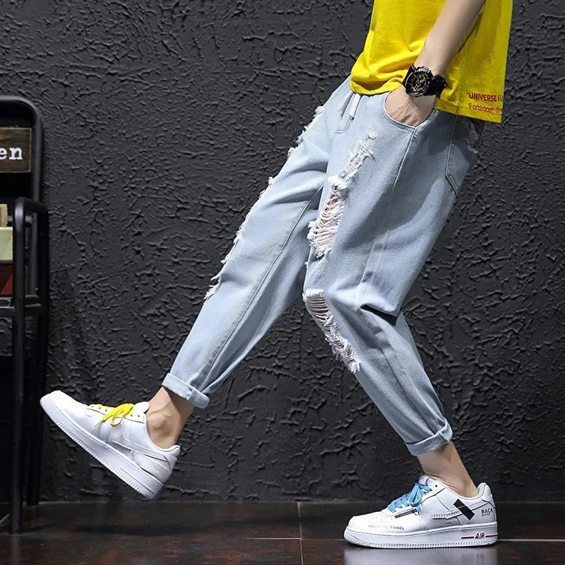 2025 Men's Summer Ripped Jeans Fashion Casual Streetwear Korean Style Baggy Broken Holes Trousers Denim Cropped Pants Oversized