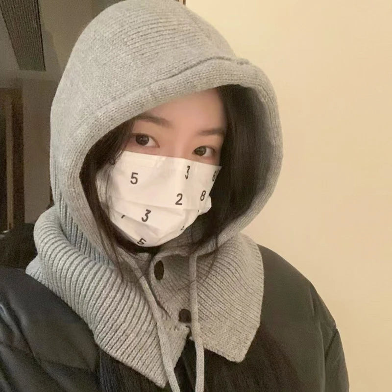 Fashion Winter Hats Scarf Set Wool Knitted Hooded Caps Balaclava Neck Warmer Scarf Shawl Gothic Pullover Hat Beanies Bonnet