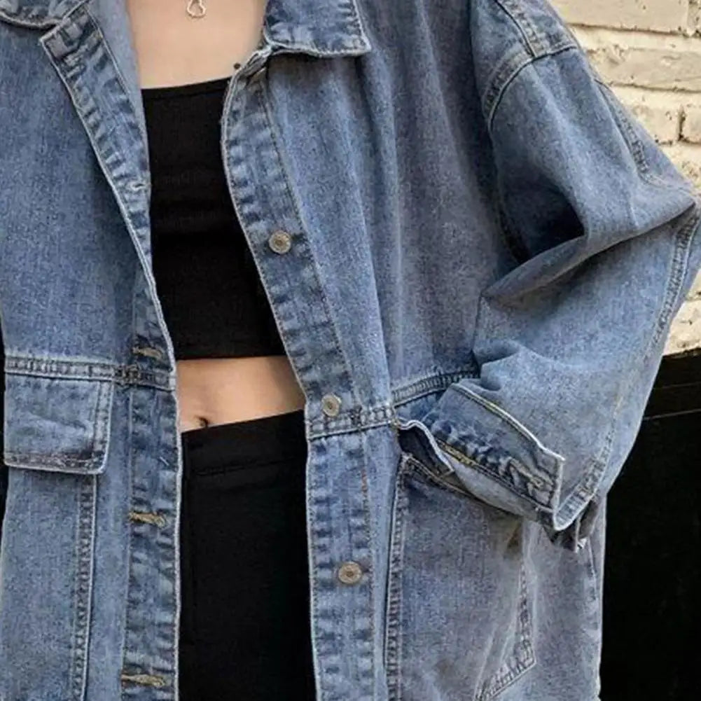 Women Jacket Washed Denim Single-breasted Cardigan Buttons Keep Warm Long Sleeves Turn-down Collar Women Coat Female Clothes