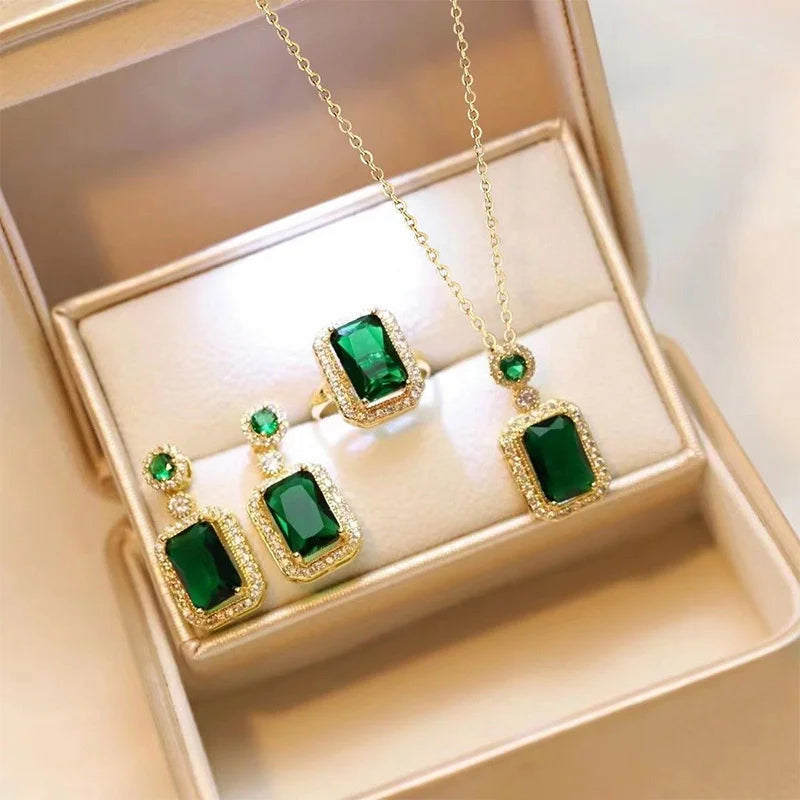 Jewelry Set for Women, 14K Gold Plated Halo Crystal Necklace/Earrings/Rings Wedding Hypoallergenic Jewelry