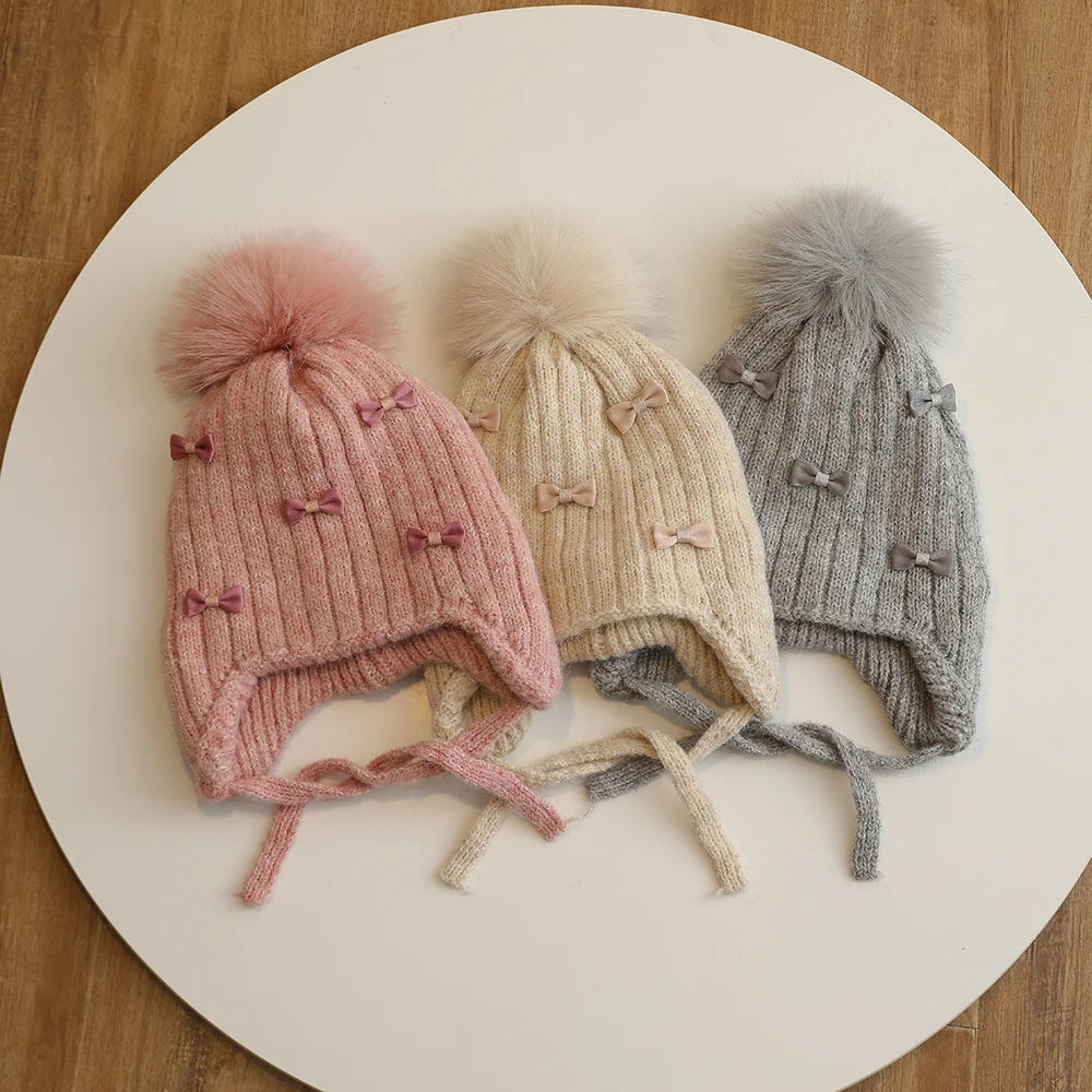 Winter Baby Girls Hat Double-Layer Cute Bows Knitted Hats Ear Protection Warm Beanie Big Pompom Kids Accessories 2-6 Years Old