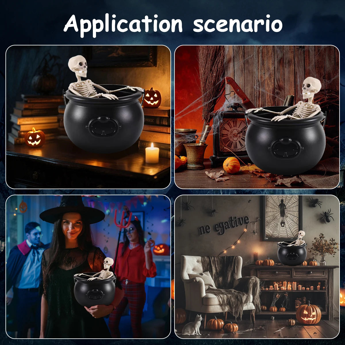 Halloween decorations - Witch's cauldron, Skull skeleton, Indoor family gathering decoration set, Candy bucket, Plant container