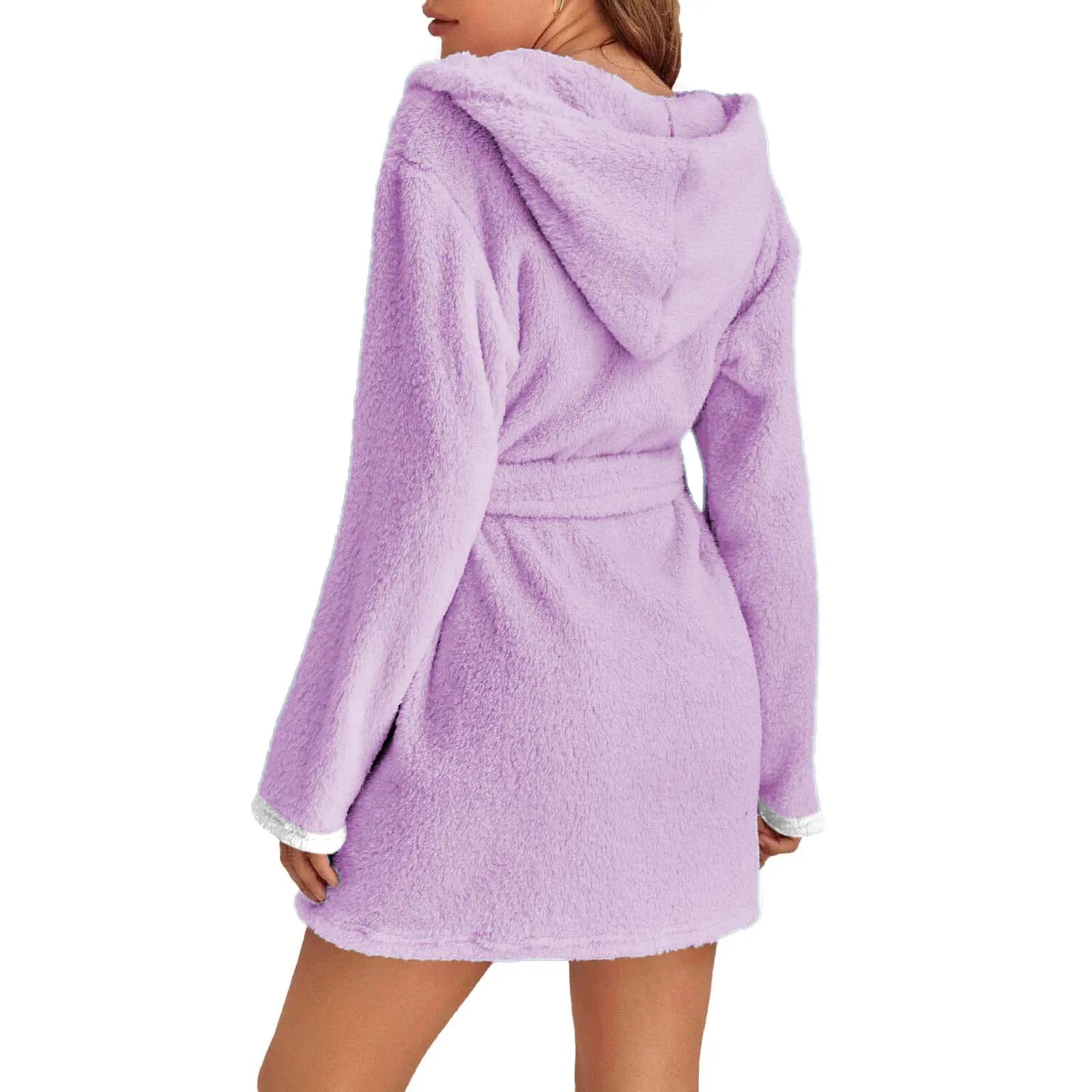 Women's Winter Casual Plush Robe Solid Color Matching Double Pocket Strappy Nightgown Fuzzy Bathrobe Coats Home Clothed Ladies