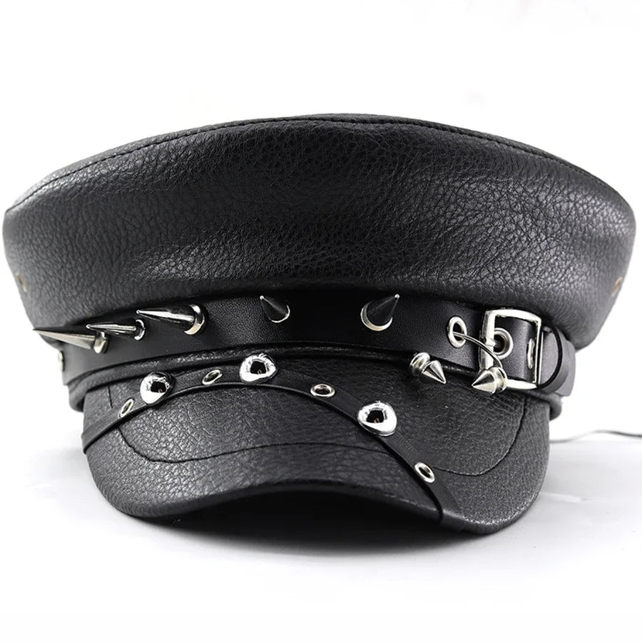 Women's Accessories  Black Pu Leather Flat Top Captain Military Caps Women's Trendy Beret