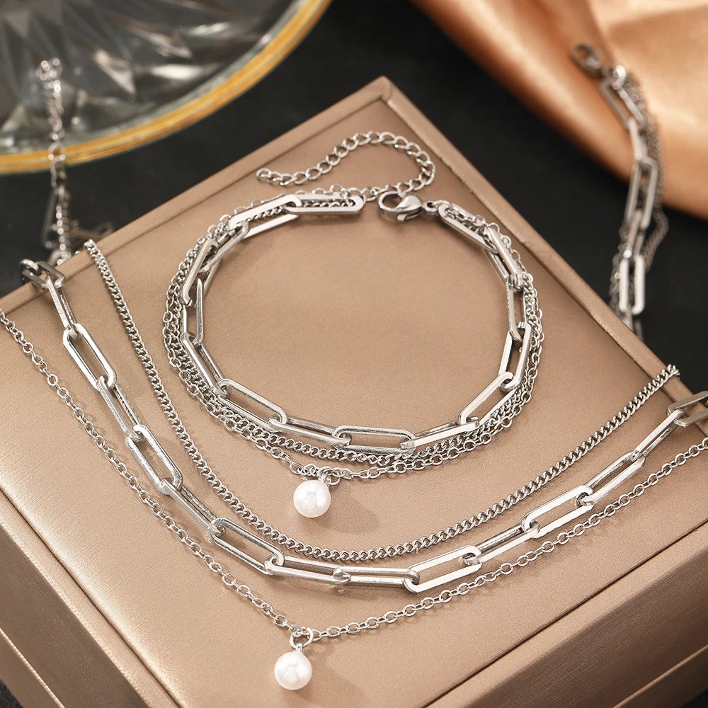 Stainless Steel Jewelry Set Elegant Delicate Pearl Pendant Jewelry Set Luxury Multi-Layer Chain Jewelry Set For Women Jewelry