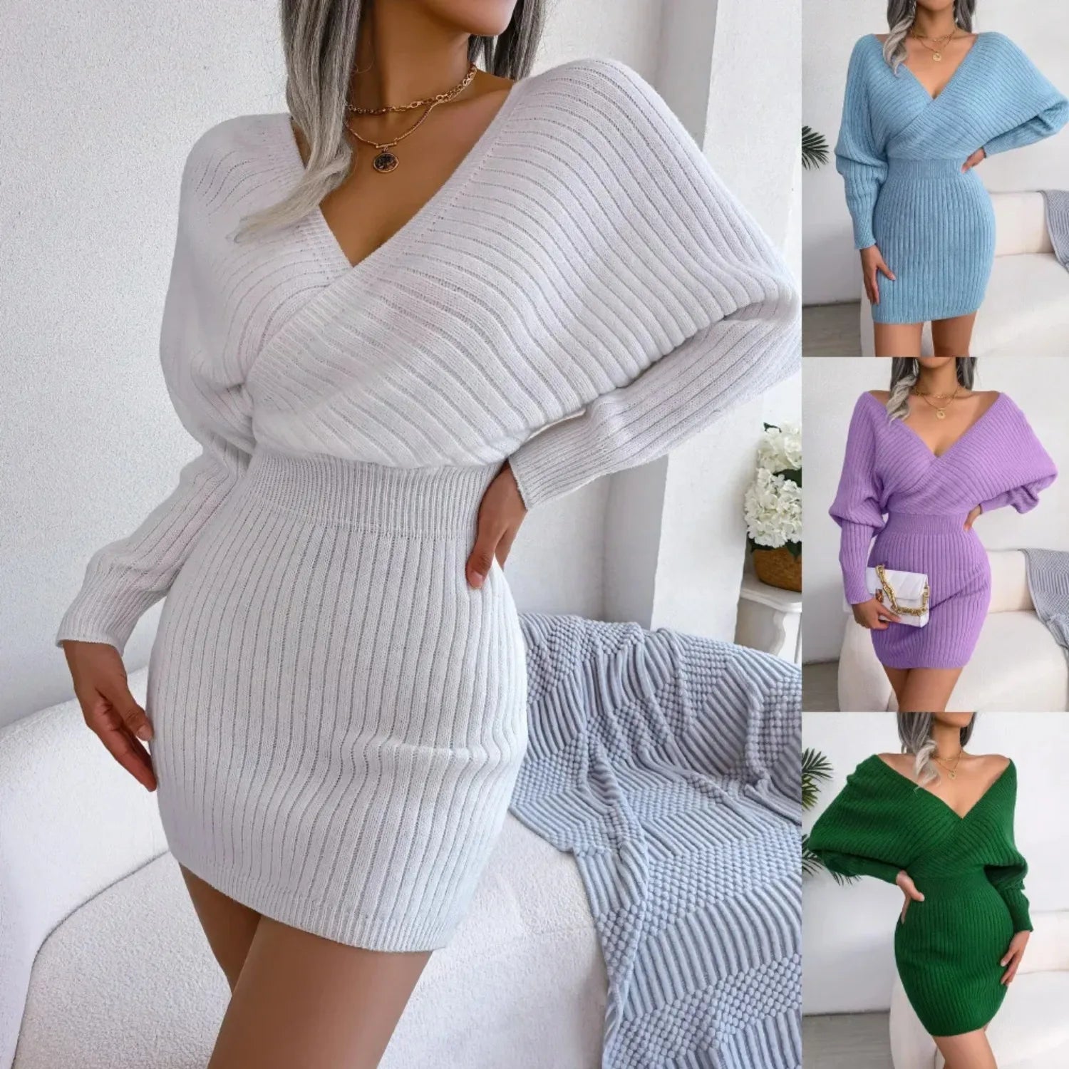 Autumn Winter Casual Sexy Cross V Neck Batswing Sleeve Dress for Women Solid Color Wrap Hip Woolen Dress
