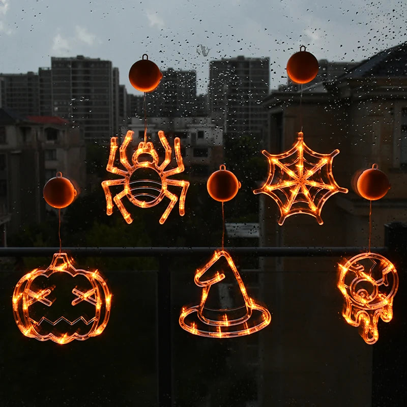 Halloween Orange Window Light Orange Pumpkin Ghost Witch Hat Design LED Sucker Lamp Bar Home Party Hanging Decor Without Battery