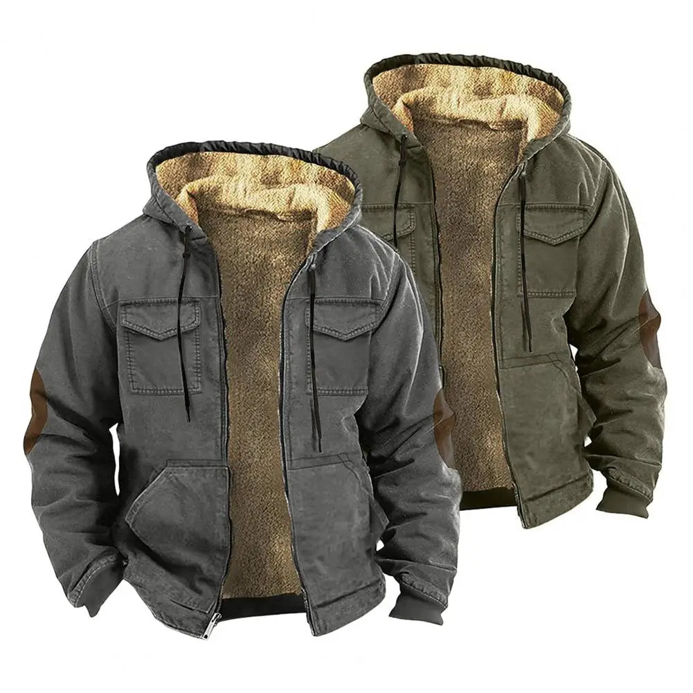 Men Thermal Jacket Hooded Drawstring Long Sleeve Solid Color Jacket With Pockets Zipper Closure Plush Lining Sporty Coat
