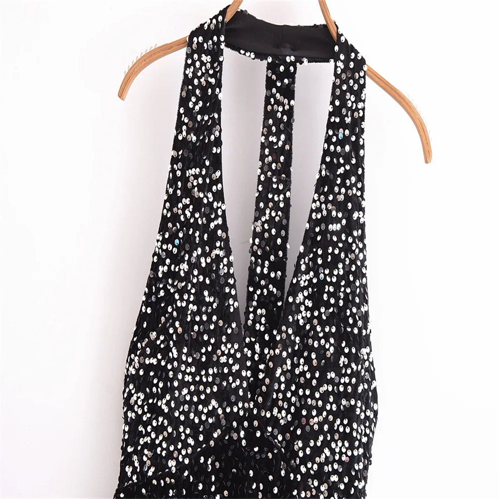 Autumn Winter Women  Sleeveless Slim-fit Sexy Backless Sequin Hanging Neck Mini Dress New Fashion Party Dress for Women Vestido