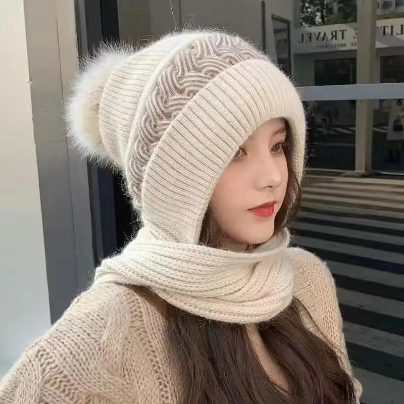 Winter Hat Scarf Set Women's Integrated Snow Cap with Fleece Lining Thickened Wool Knitted Beanie with Ear Protection Accessory