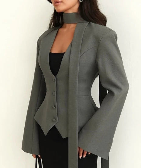 Women's Jacket 2025 Spring New Fashionable Solid Color V-Neck Scarf Decor Elegant Temperament Long Sleeved Casual Blazer Jacket