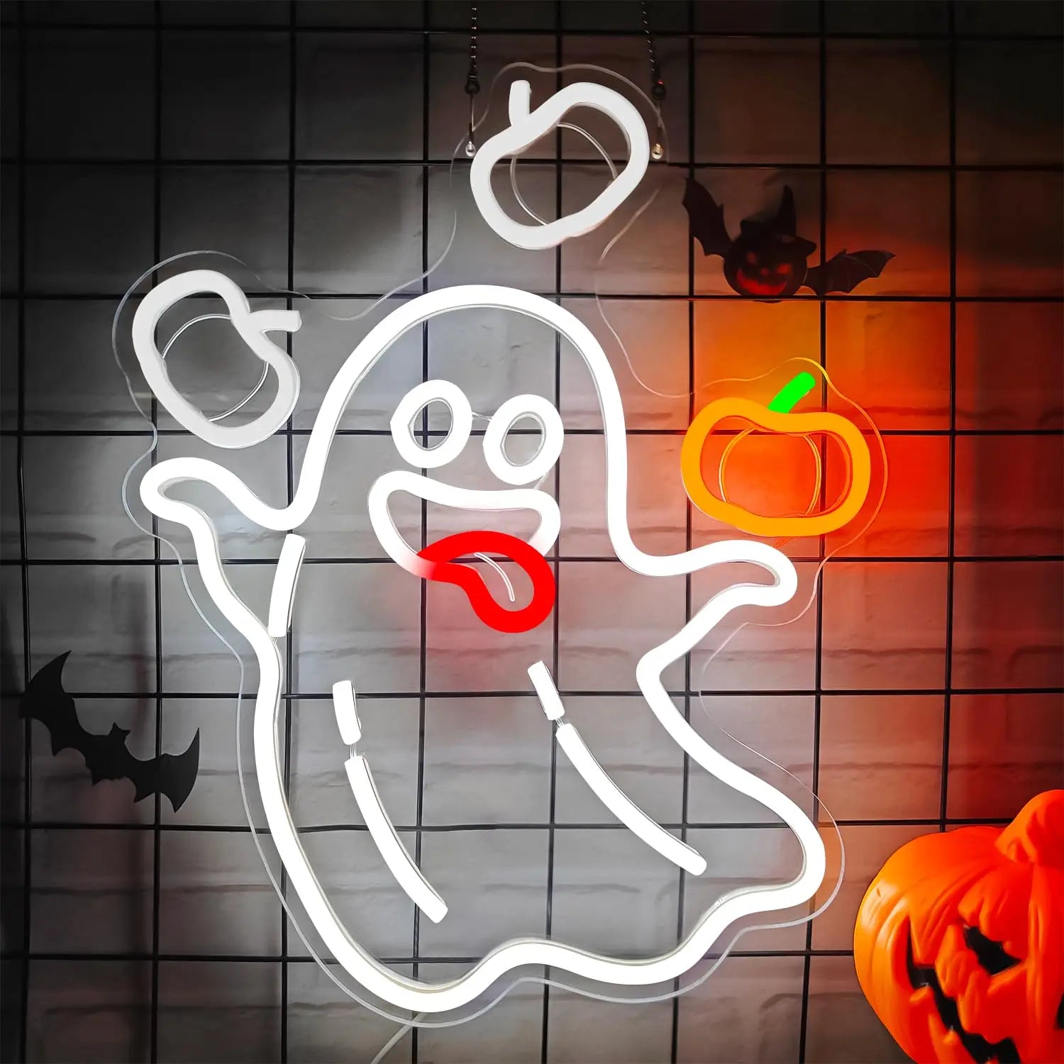 Halloween A Ghost Throwing Pumpkin Neon Sign For Wall Decor Ghost Led Sign for Bar Man Cave Horror Party Game Room
