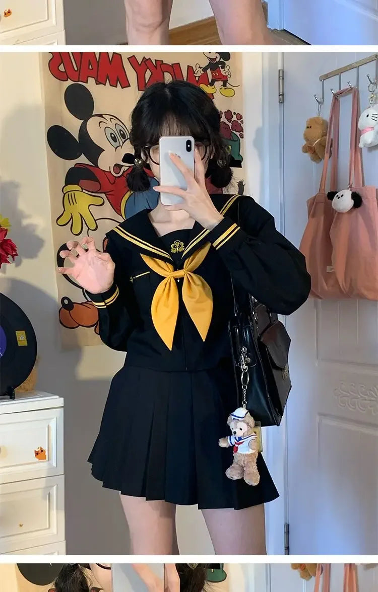 Japanese School Uniform Girls Plus Size Jk Suit Role Play High School Yellow Tie Black Basic Sailor Suit Female Long Sleeve Suit
