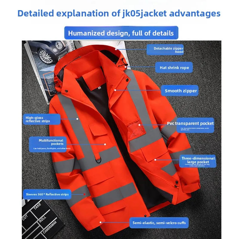 Men's Work Jacket with Reflective Stripes, Custom Logo Available, Casual Autumn Winter Coat for Men