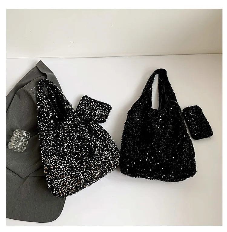 Large capacity commuting bag for women, new popular single shoulder underarm bag, versatile, high-end texture sequin flash tote