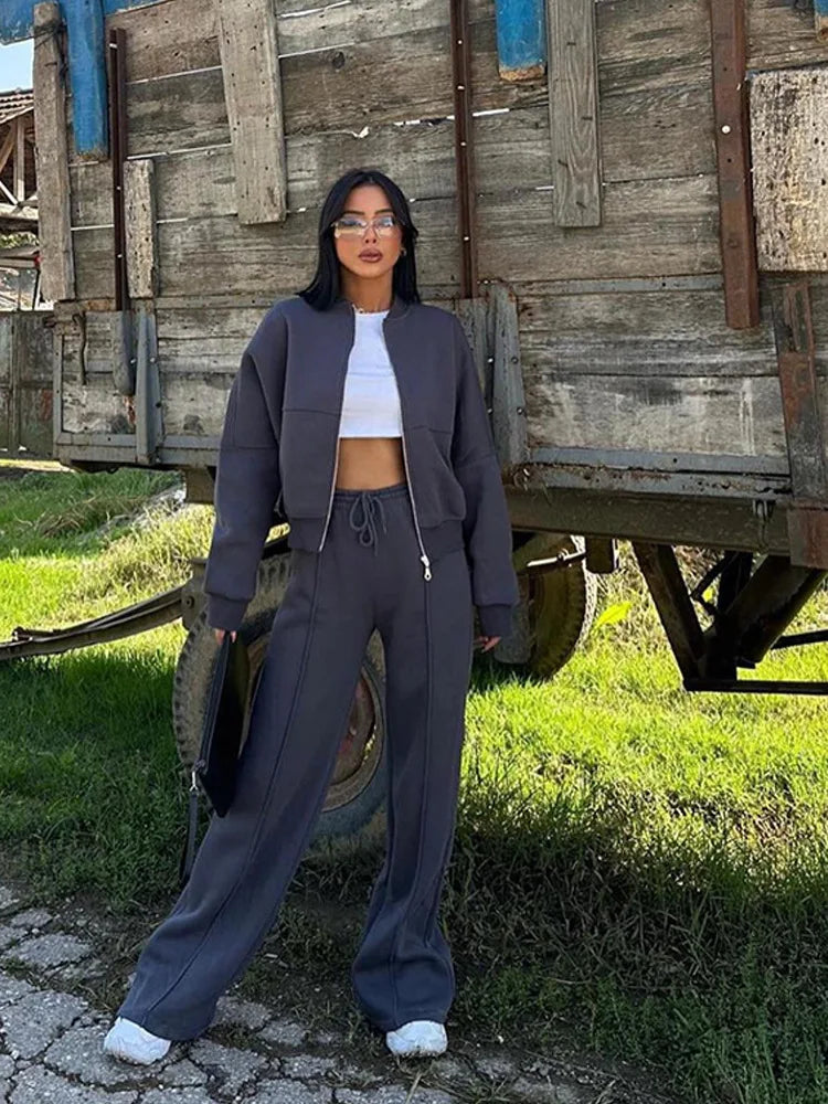 Women Sweatsuit Set Vintage O-neck Zipper Bomber Jackets High Waist Loose Pants Suit Female 2025 Spring Fashion Lady Sportswear