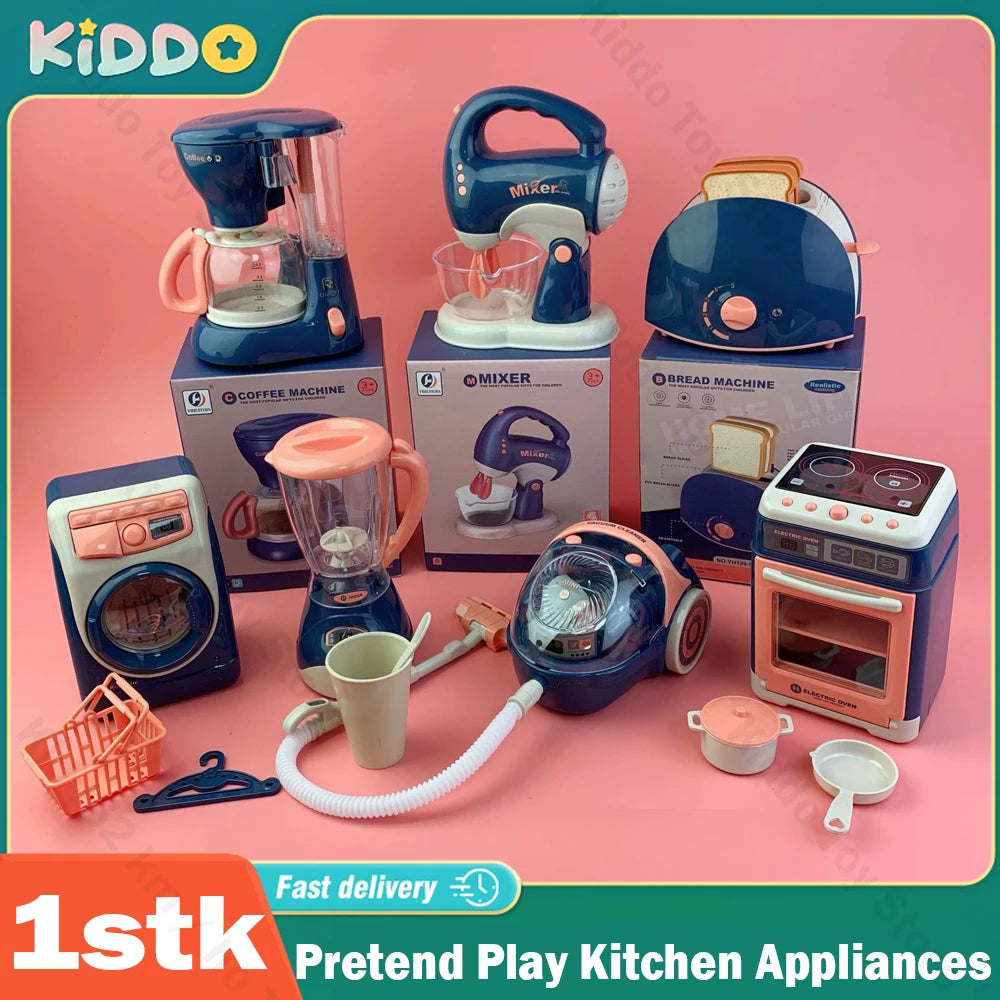 Kitchen Home Appliances Kids Pretend Play Set Toy Household Coffee Maker Mixer Toaster Vacuum Cleaner Playset for Children Gifts