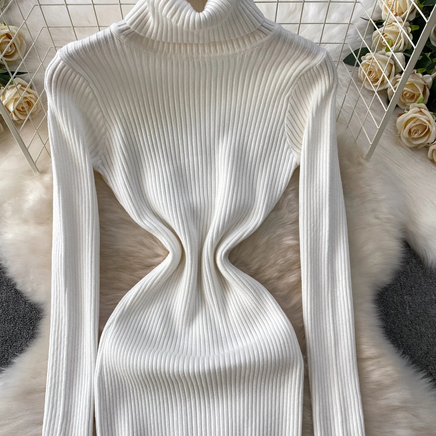 Women Winter Turtleneck Knittign Dress Stretch Slim Long Sleeve Soft Knitwear Dresses Female Casual Lining Simple Bottom Vestido