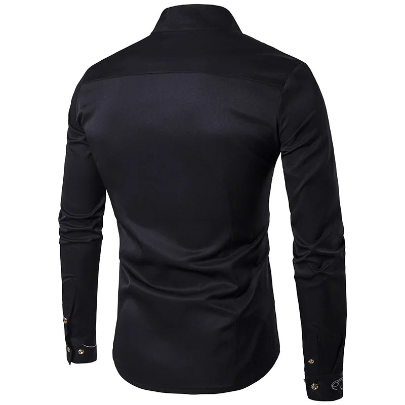 2025 Men's Oblique Button Dress Shirt High Quality Long Sleeve Slim Embroidery Shirts Men Stand Collar Business Wedding Camisas