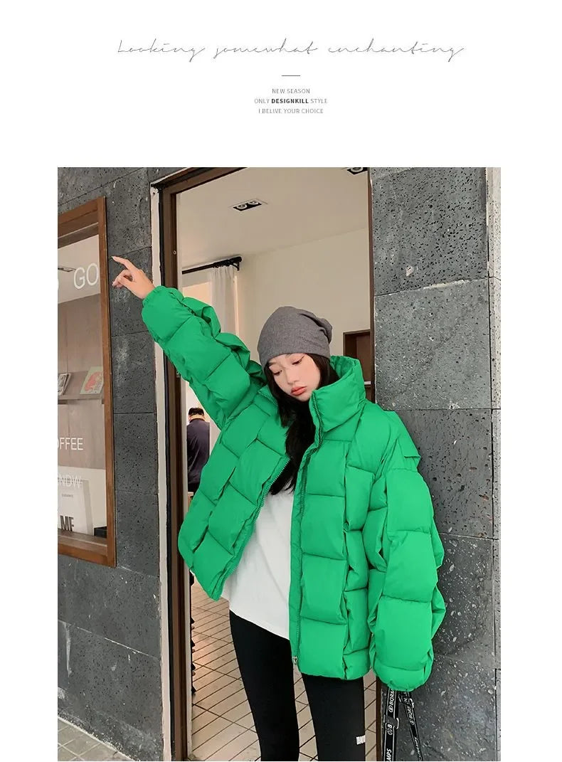 Winter Jacket for Women Three-dimensional Plaid Woven Fashion Coat Solid High Street Warm and Thick 2023 Winter New Down Jacket