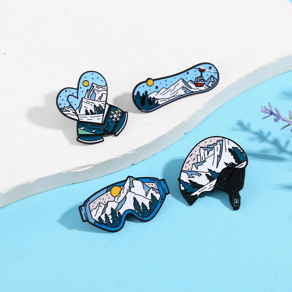 Winter Skiing Equipment Design Enamel Pins Snow Mountain Pattern Snowboard Helmet Snow Goggles Glove Shaped Brooches