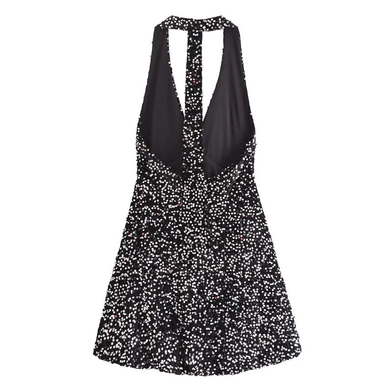Autumn Winter Women  Sleeveless Slim-fit Sexy Backless Sequin Hanging Neck Mini Dress New Fashion Party Dress for Women Vestido