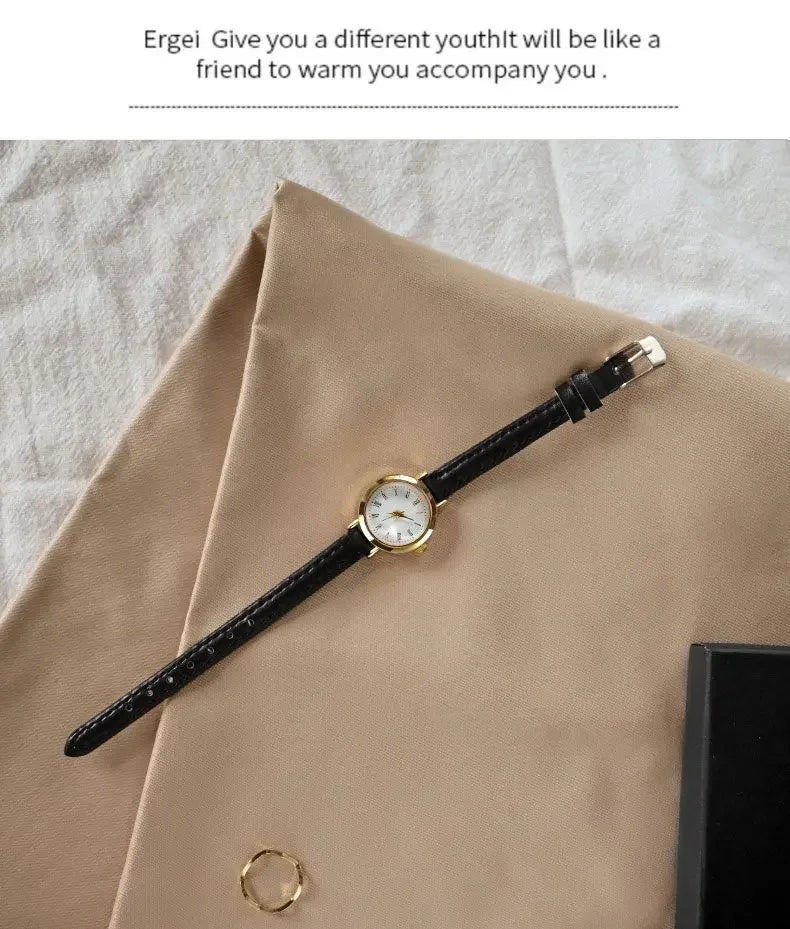 Women Brown White Small Round Watches Versatile Thin Strap Leather Band Ladies Quartz Watch Wristwatch Clock Reloj Mujer