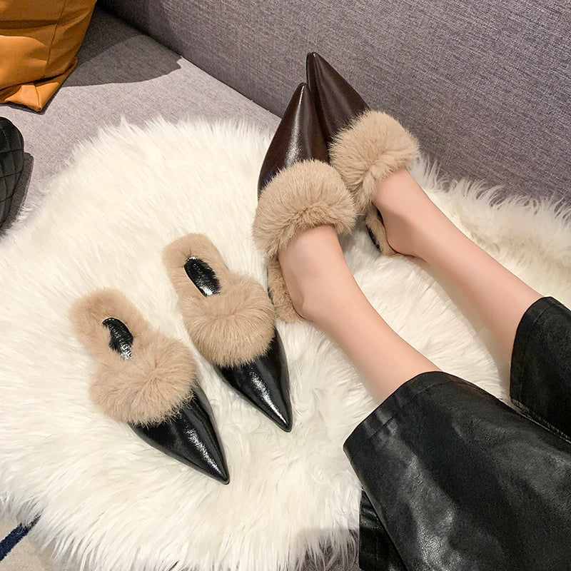 2025 New Shoes for Women House Slippers Platform Fur Flip Flops Slides Loafers Cover Toe Low Plush New Flat Basic Женская Обувь