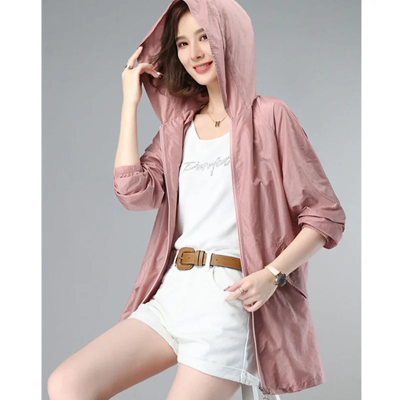 Women Thin Jacket New Sun UV-proof Hooded Coat Outdoor Long Sleeve Female 2023 Summer Windbreaker Casual Outerwear Top