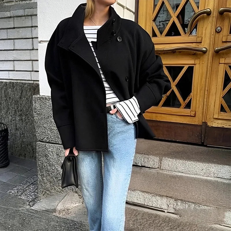 2025 Fall and Winter Women's Jacket Elegant Stand Collar Single Breasted Buttoned Loose Coat Woolen Solid Women Coat Outwears