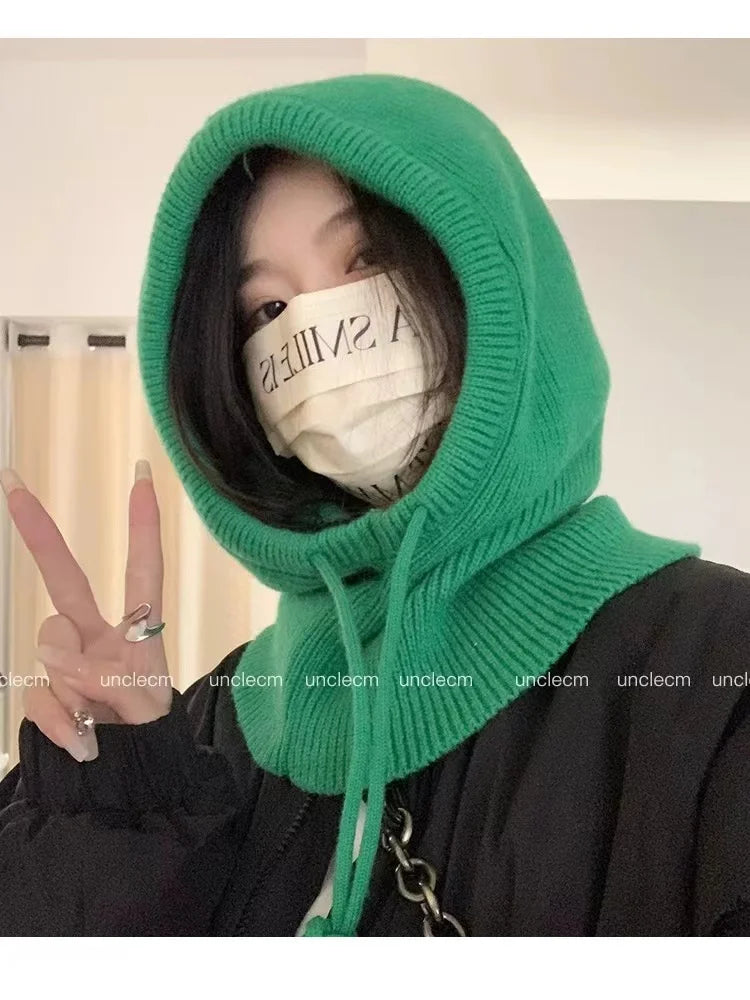 Winter Balaclava Hats For Men&Women Unisex Knitted Hooded Caps Outdoor Warmer Drawstring Hats One-Piece Neck Collar Beanies Cap