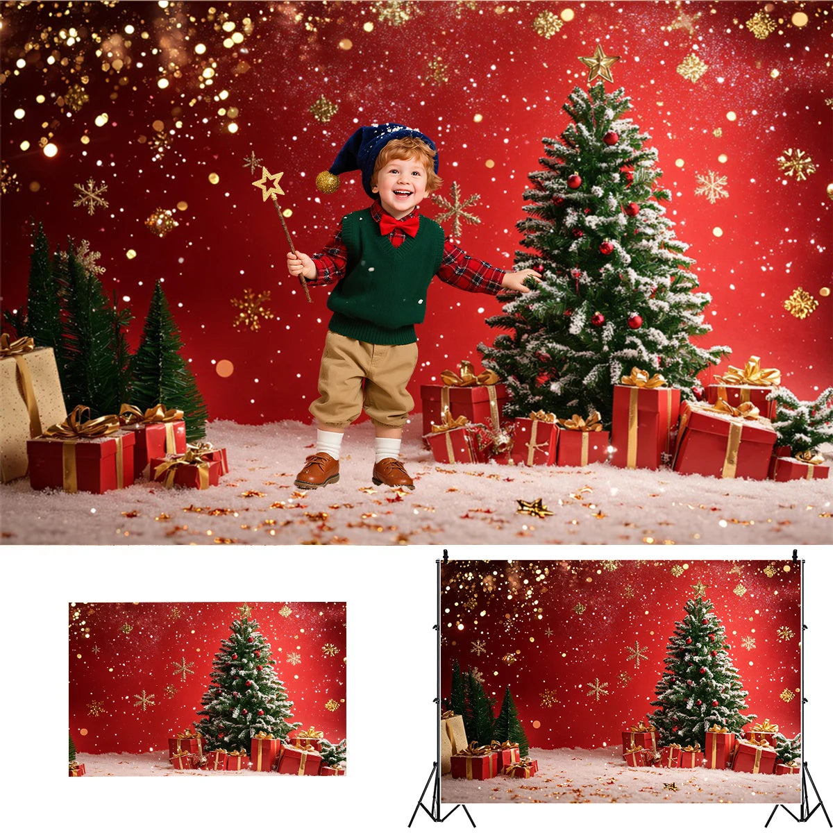 Christmas Day Decor Backdrop for Photography Xmas Tree Red Room Wall Glitter Gift Family Holiday Portrait Decor Photo Background