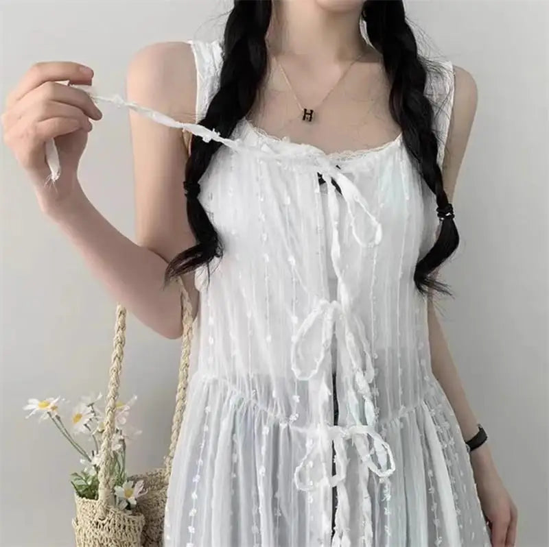 Embroidered Dress for Women in Summer Thin Lace up Layered Vest Long Cover Skirt