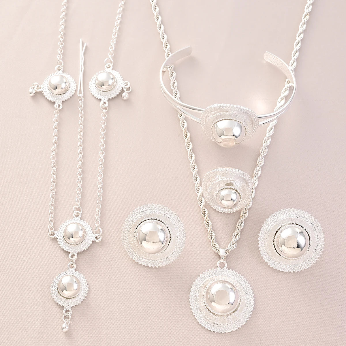 Saudi Arabia Classical Ethiopian Silver Plated Bridal Jewelry Sets Necklace Earrings Ring Gifts Wedding Jewellery Set For Women