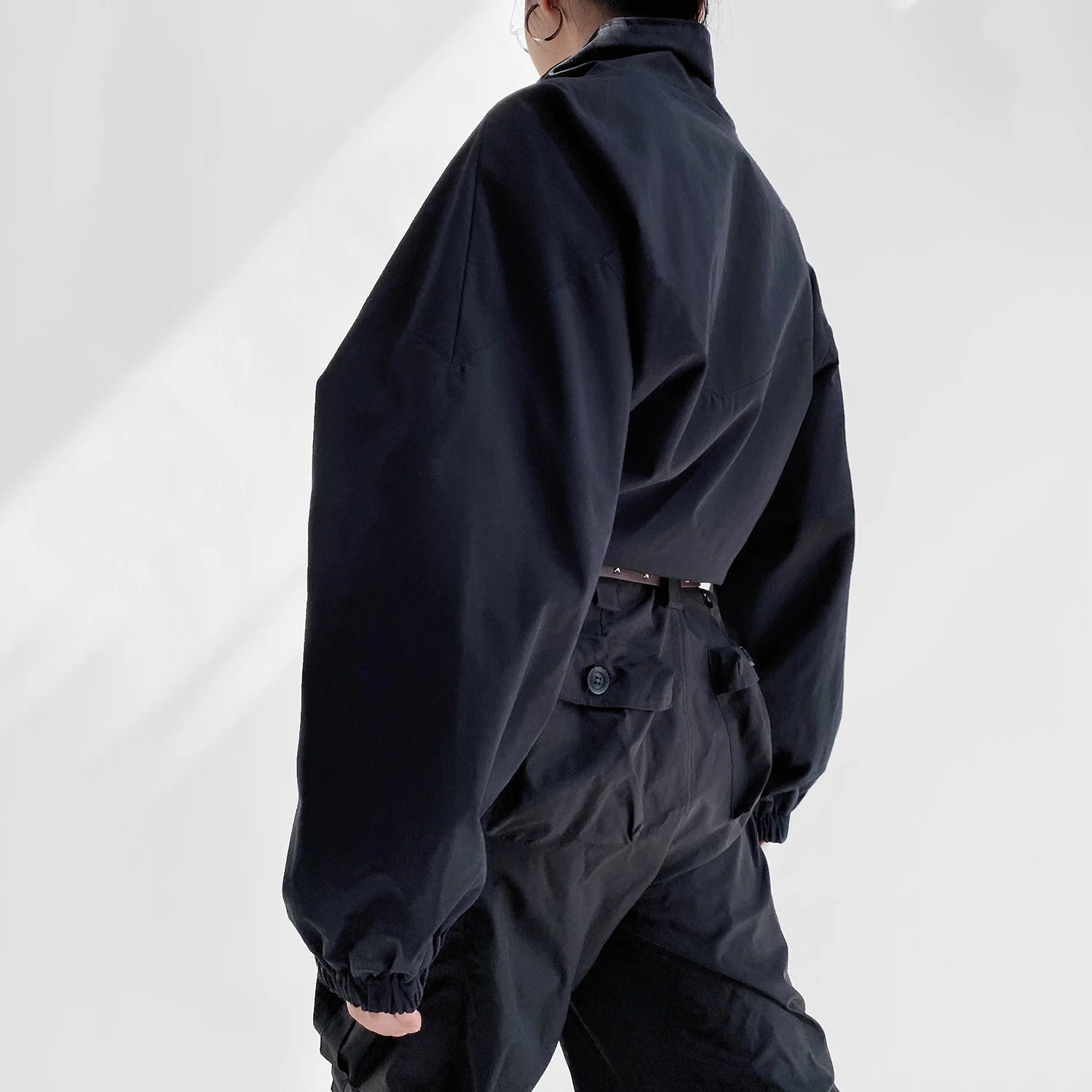 Women's Cropped Utility Jacket - Drop Shoulder Drawstring Hem Ribbed Cuffs Lightweight Cotton