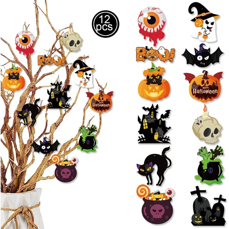 Halloween Theme Party Hanging Decor Pendants Cartoon Pumpkin Ghost Skull Bat Haunted House Pattern Hangings