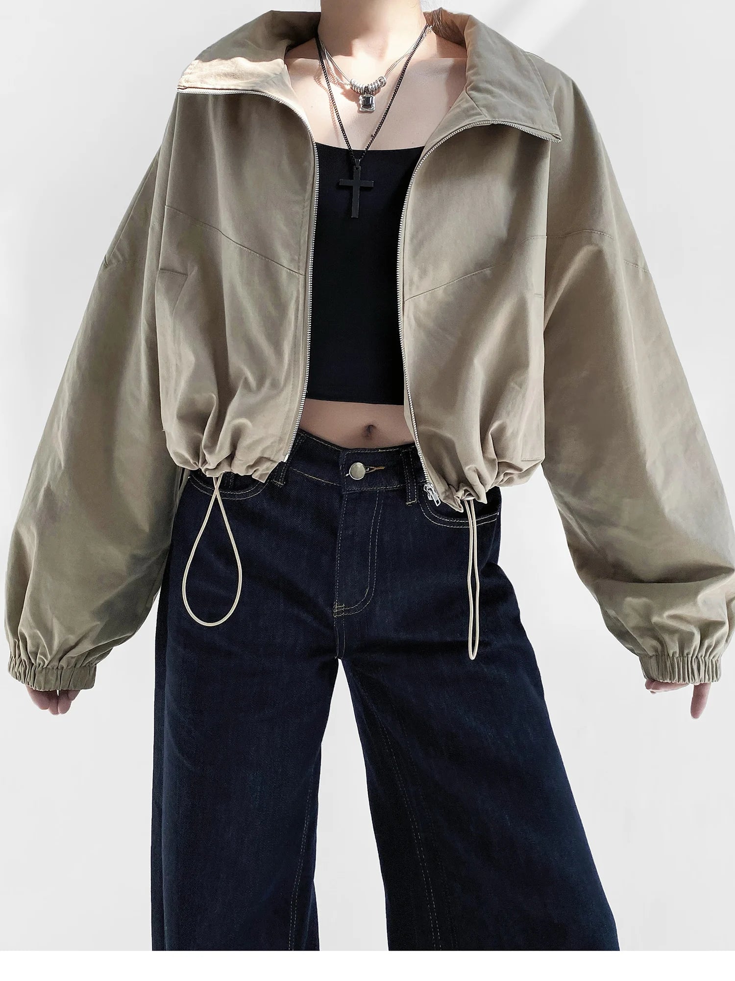 Women's Cropped Utility Jacket - Drop Shoulder Drawstring Hem Ribbed Cuffs Lightweight Cotton