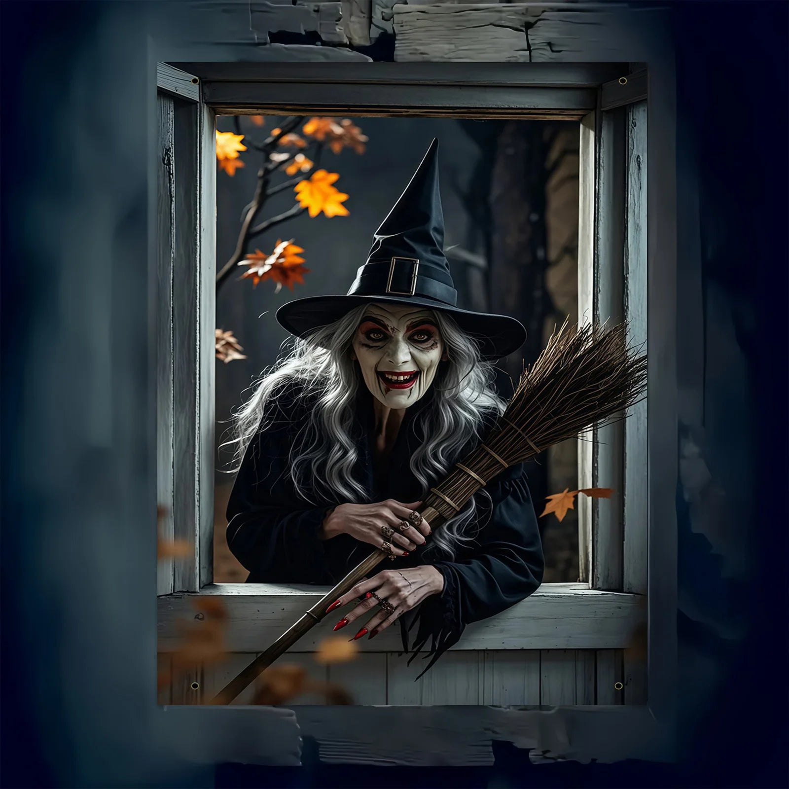 Halloween party, eerie witch window decoration with black cats and brooms, haunted house garden theme